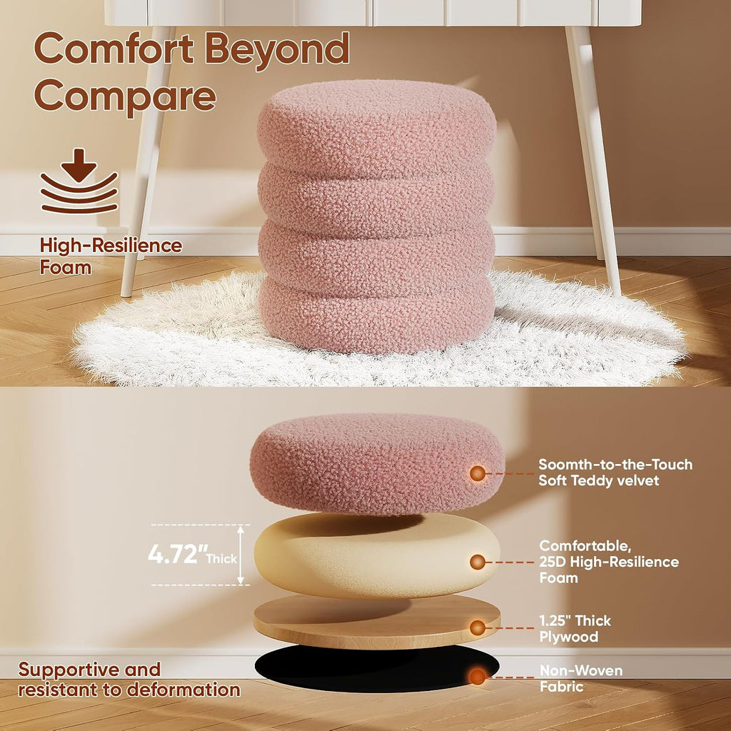 Soft Teddy Round Ottoman with Tray, 17.5 Inches Ottoman Coffee Table with Storage for Living Room, Vanity Stool with Storage Bedroom, Load up to 300 lb, No Assembly Required (Dusty Pink)