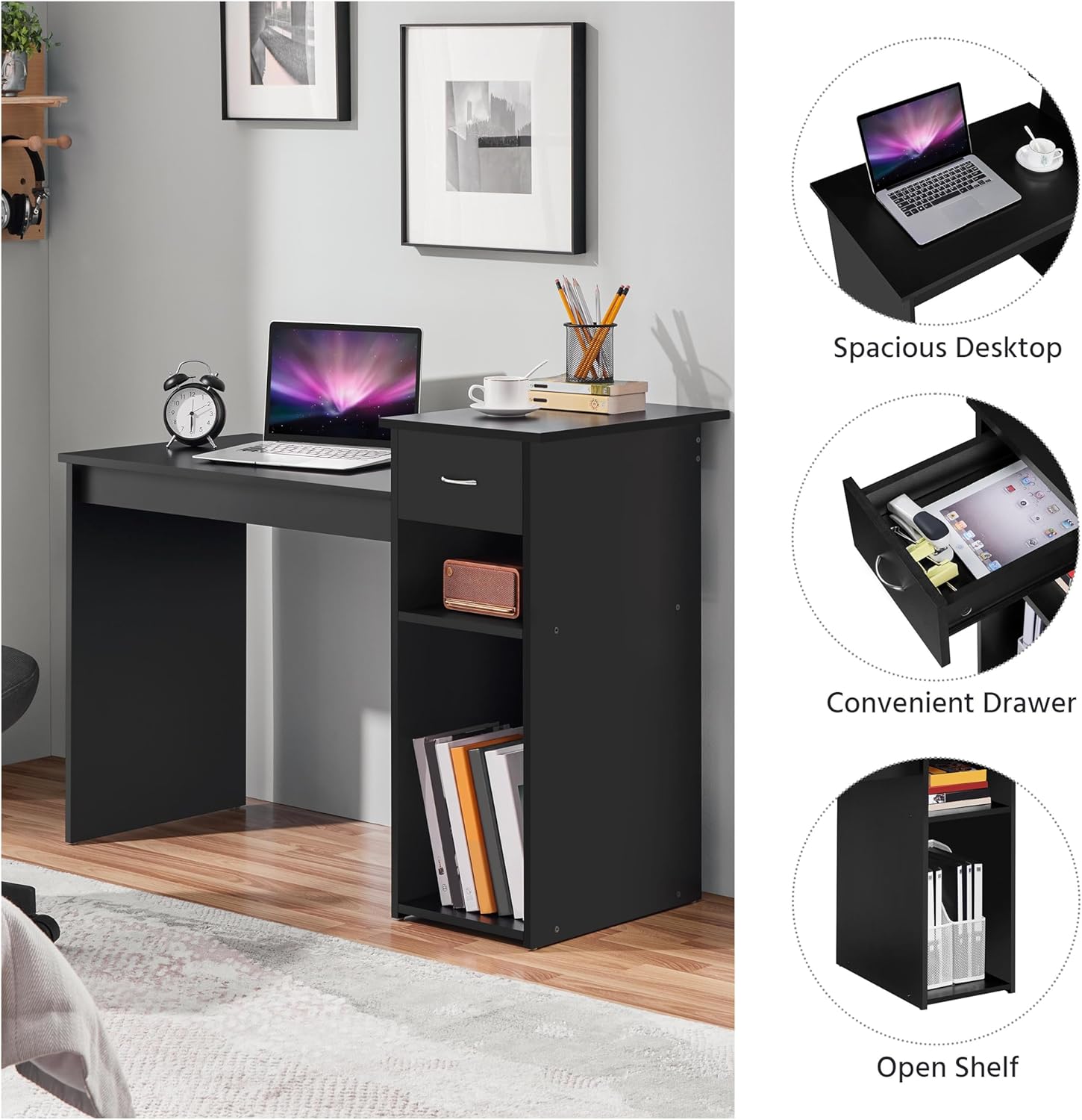 Yaheetech Home Office Modern Desk and Chair Set Computer Desk w/Drawer & Shelves with Ergonomic Mesh Height Adjustable Office Chair
