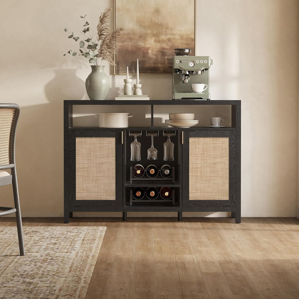 SICOTAS Rattan Coffee Bar Cabinet with Wine Racks & Metal Stemware Holders | 51" Sideboard Buffet Cabinet with Storage, Modern Liquor Cabinet Boho Credenza Buffet Table for Living Dining Room, Black Oak
