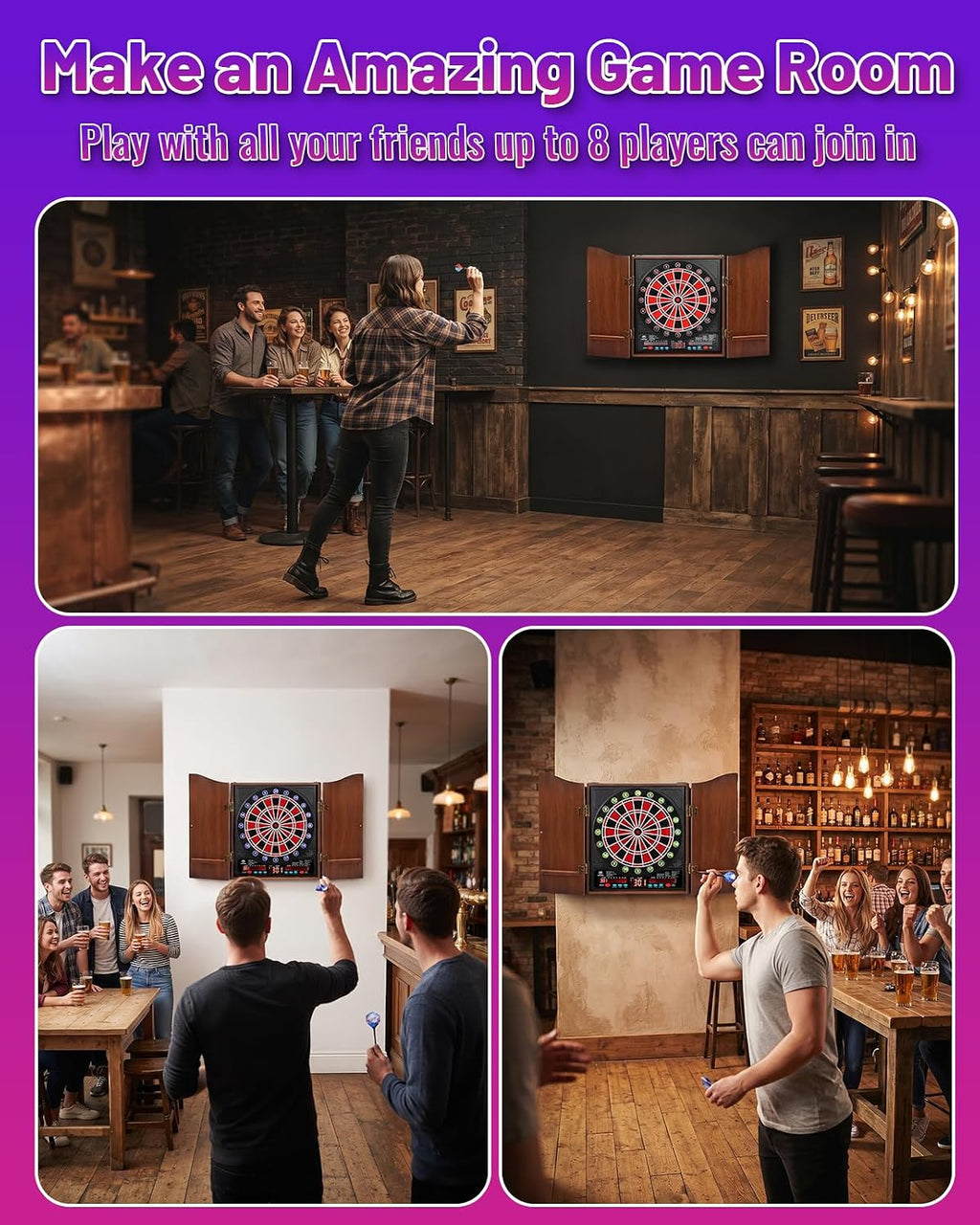 Electronic Dart Board with Cabinet Set, Dartboard with 8-Player Color Light | 3 Large LCD Displays with 34 Games, Automatic Scoring, 12 Darts+100 Tips, Great Gift for Man Cave Game Room Home Bar