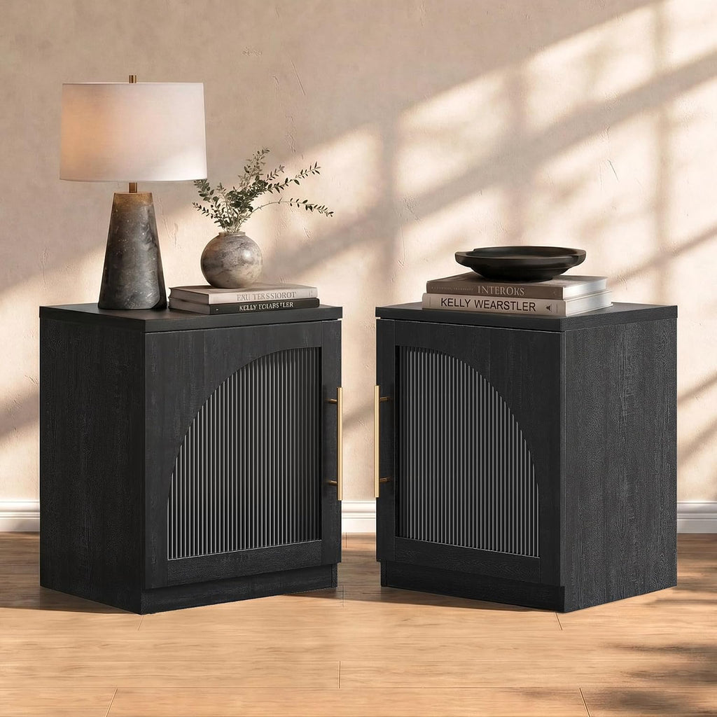 ModernMate Set of 2 Nightstands, 37" Modular Accent End Tables with Arched Door and Open Shelves, Wood Grain Bedside Side Tables for Living Room, Bedroom, Black