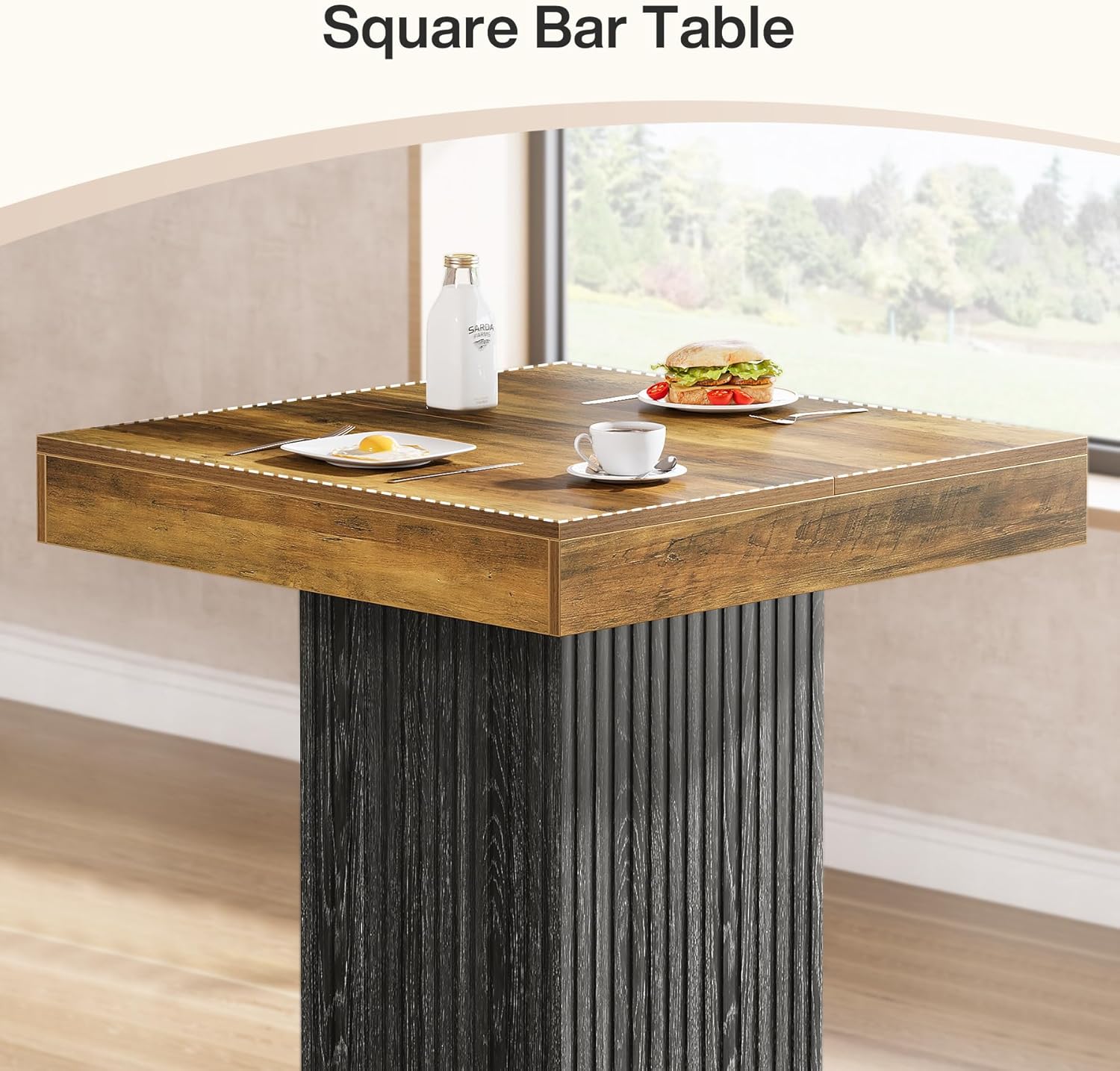 Tribesigns Square Bar Table, Kitchen Dining Table, Industrial Counter Height Pub Cocktail Table Home Bar Unit with Metal Footrest for Dining Room, Tavern, Coffee Corner, Bistro, Rustic Brown