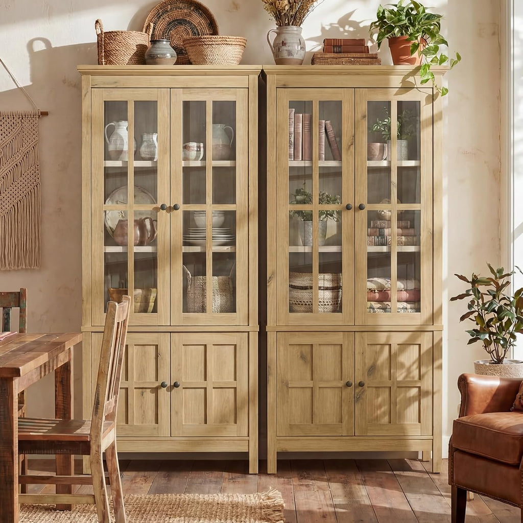 Farmhouse 63" Kitchen Pantry Storage Cabinet with Glass Doors & Hidden Storage, Display Kitchen Hutch Cupboard with Adjustable Shelves for Dining Room, Living Room Home Office