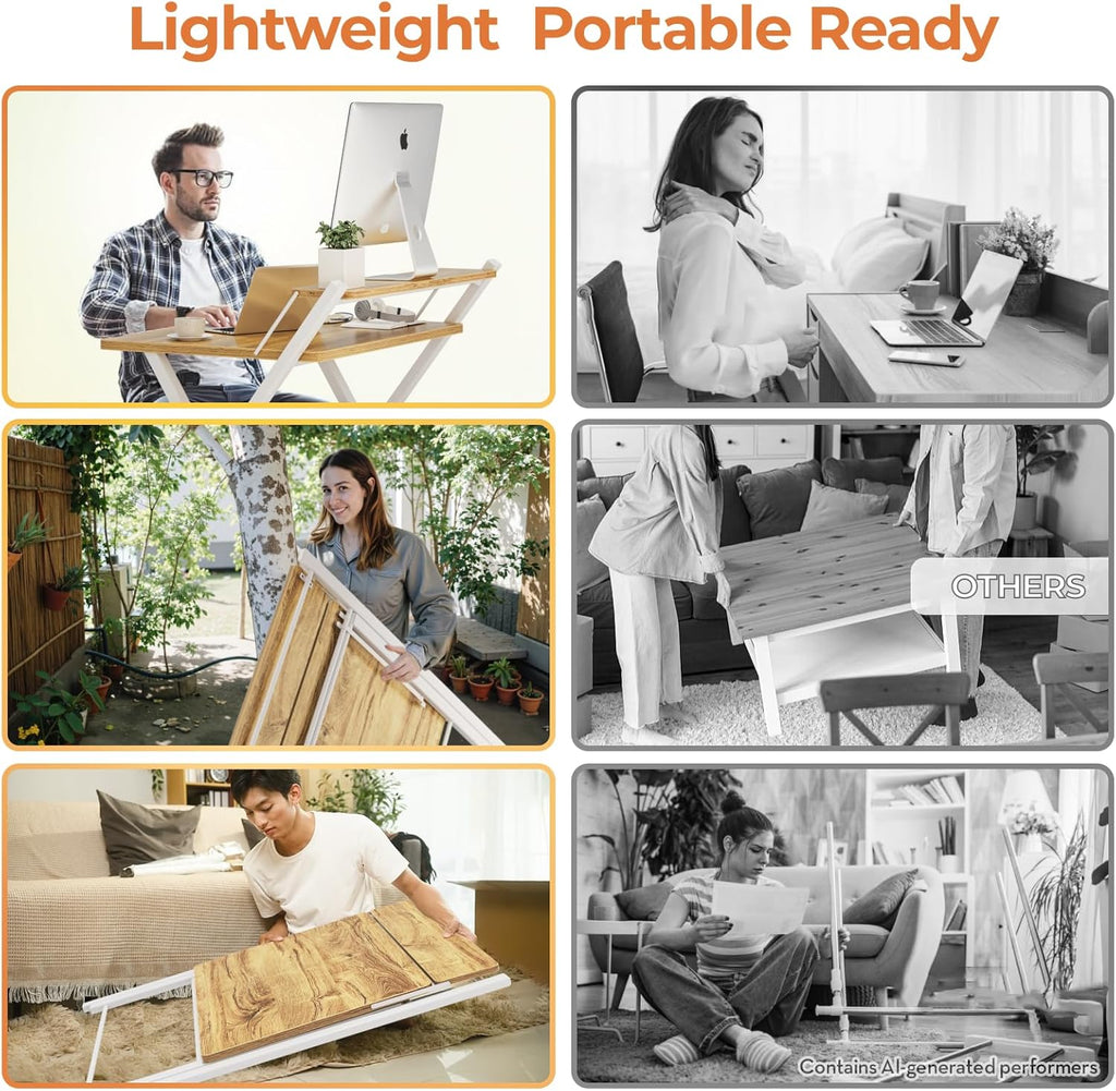 GreenForest Portable Small Desk No Assembly, 2-Tier Compact Computer Desk with Shelf, Space Saving Foldable Table for Home Office, Bedroom or Apartment, Portable Collapsible Sturdy Laptop Desk, Oak