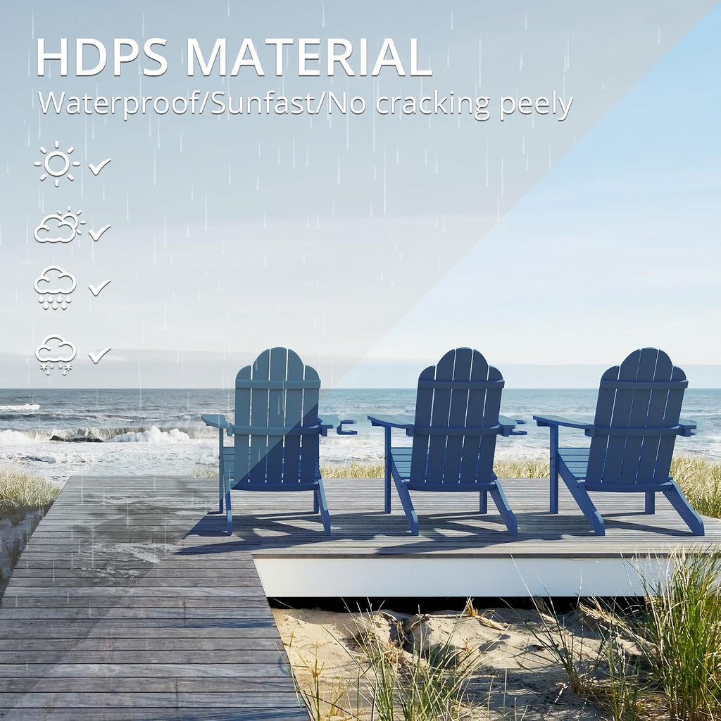 LUE BONA HDPS Adirondack Chairs, 1 Chair, Long-Lasting All-Season Outdoor Patio, Hidden Cup Holder, 350 LBS, Navy Blue