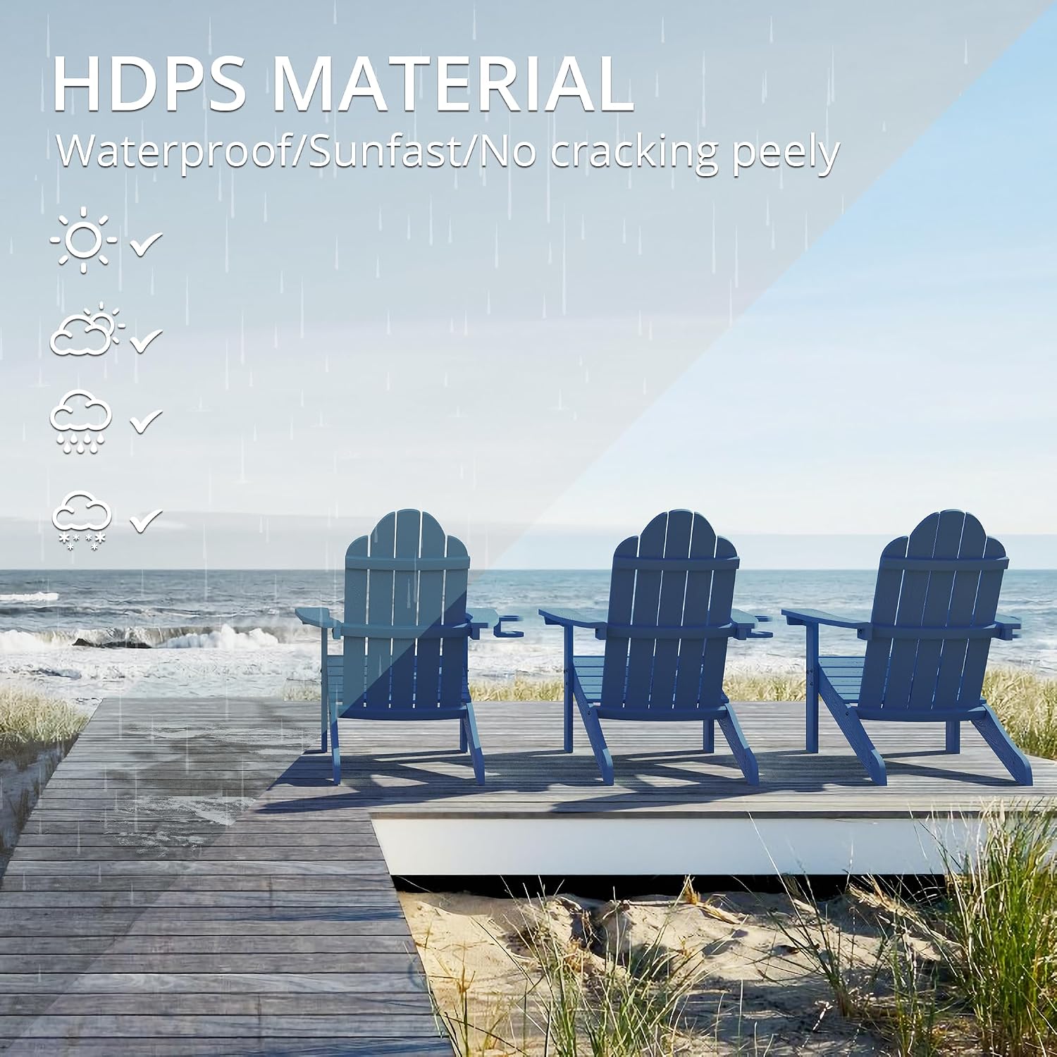 LUE BONA HDPS Adirondack Chairs, 1 Chair, Long-Lasting All-Season Outdoor Patio, Hidden Cup Holder, 350 LBS, Navy Blue