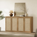 SICOTAS Rattan Sideboard Buffet Storage Cabinet - Farmhouse Boho Coffee Bar Cabinet with Adjustable Shelves, Large Console Table Credenza Stand for Living Room, Dining Room, Entryway, Oak (3 PCS)