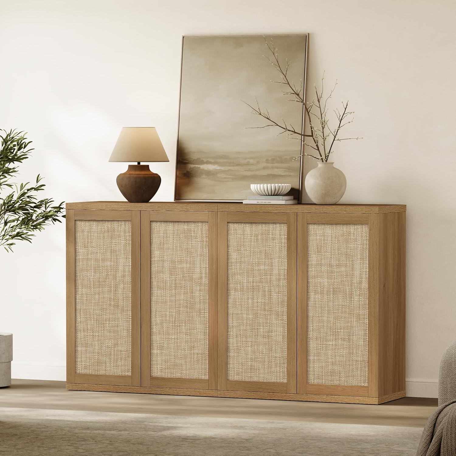 SICOTAS Rattan Sideboard Buffet Storage Cabinet - Farmhouse Boho Coffee Bar Cabinet with Adjustable Shelves, Large Console Table Credenza Stand for Living Room, Dining Room, Entryway, Oak (3 PCS)