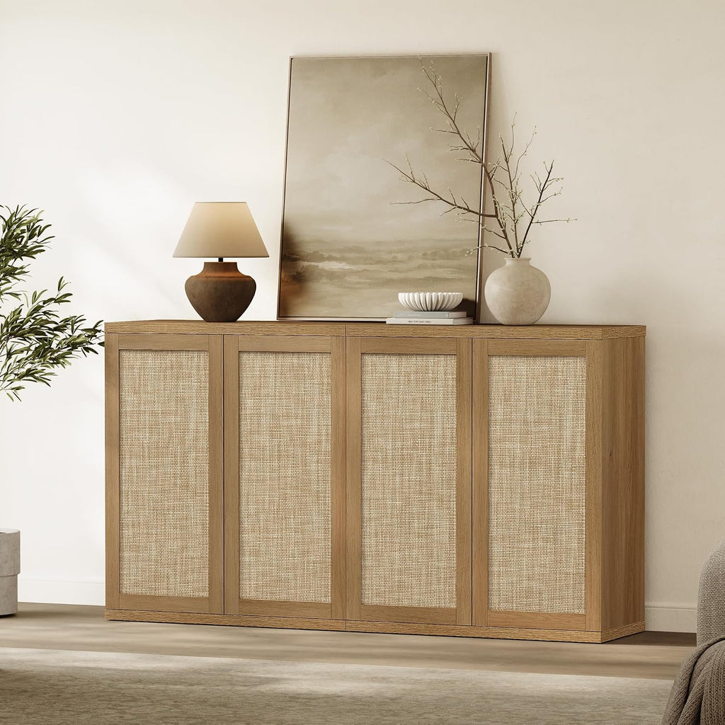 SICOTAS Rattan Sideboard Buffet Console Cabinet - 2 Pieces Boho Coffee Bar Cabinet with Storage & Adjustable Shelves, Farmhouse Credenza Stand for Living Room, Hallway, Kitchen, Oak