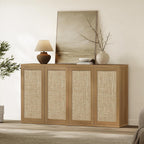 SICOTAS Rattan Sideboard Buffet Console Cabinet - 2 Pieces Boho Coffee Bar Cabinet with Storage & Adjustable Shelves, Farmhouse Credenza Stand for Living Room, Hallway, Kitchen, Oak