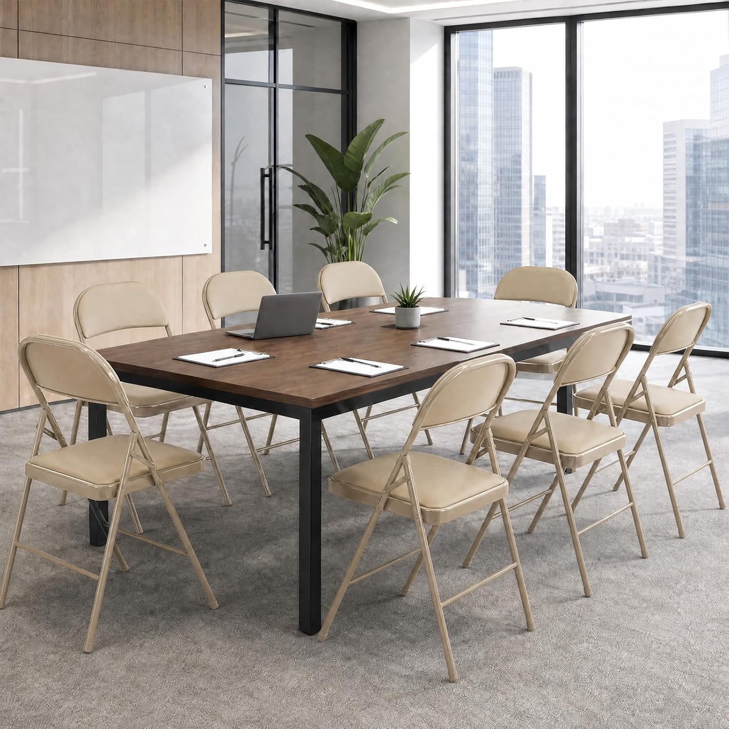 Sweetcrispy Folding Chair 4 Pack, Leather Padded Foldable Chairs, Sturdy Metal Portable Chairs, Easy to Use and Store, Outdoor and Indoor, for Home, Office, Party, Garden, Kahki