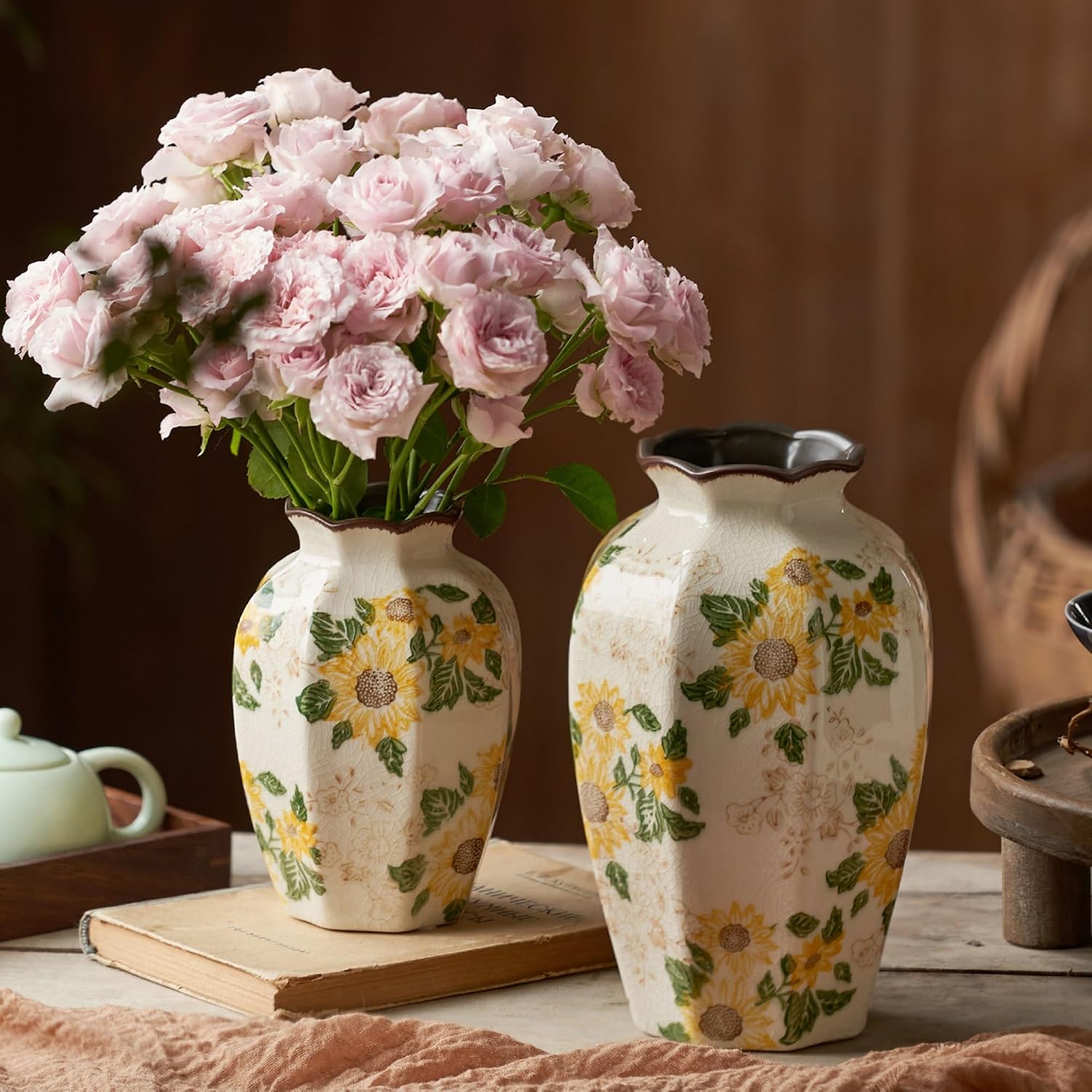 Levvohd Vintage Octagonal Ceramic Vase Sunflower Pattern 9.3 Inch | Rustic Farmhouse Antique, Chinoiserie Floral, Pastoral, For Wall Art Bedroom and Shelf