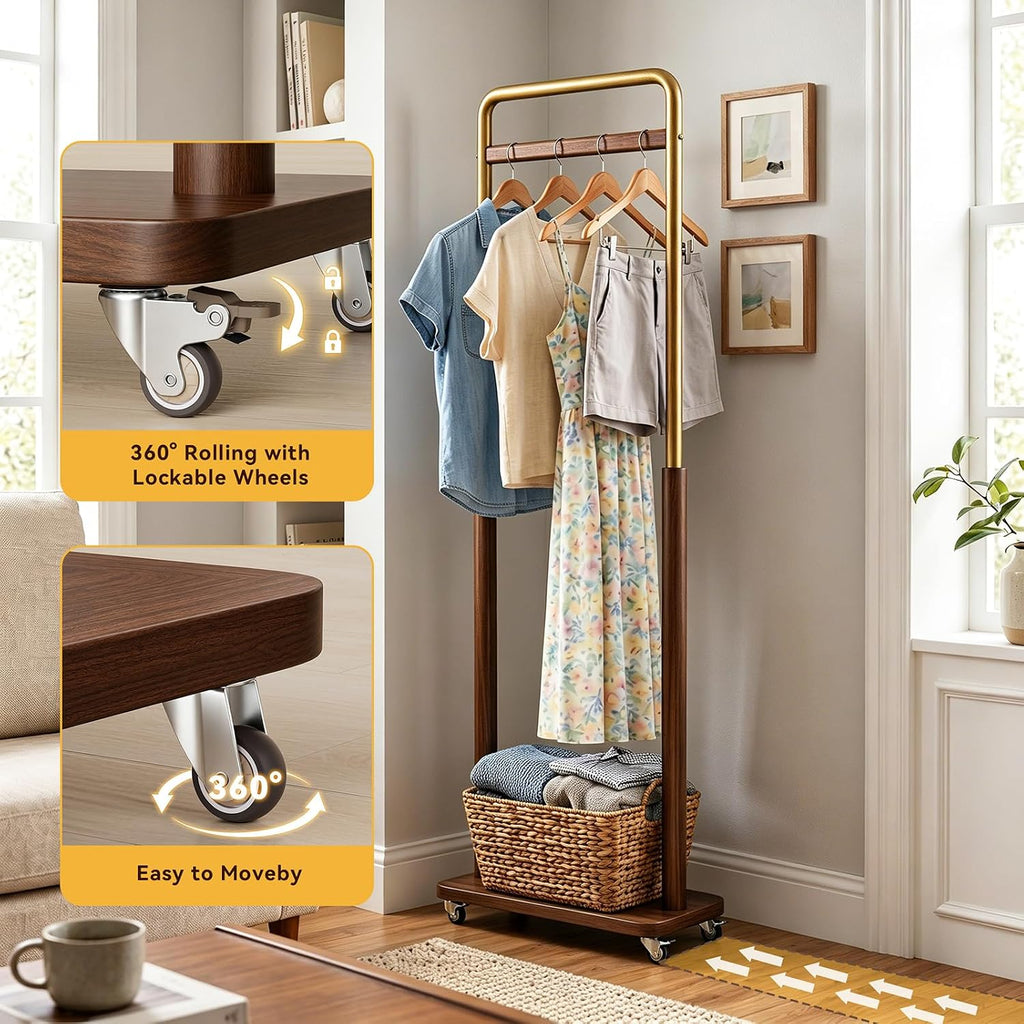 Taitiy Clothes Rack Solid Wood Coat Rack, Metal and Solid Wood Combination Clothing Rack with Wheels for Entryway, Bedroom, Living Room, Coat Racks Freestanding for Hanging Clothes Garment Scarf