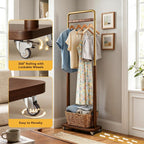 Taitiy Clothes Rack Solid Wood Coat Rack, Metal and Solid Wood Combination Clothing Rack with Wheels for Entryway, Bedroom, Living Room, Coat Racks Freestanding for Hanging Clothes Garment Scarf
