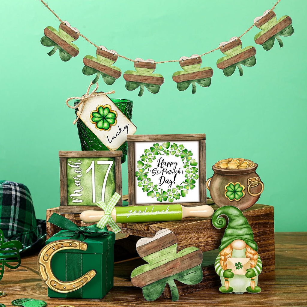 FairySandy St. Patrick's Day Retro Tiered Tray Decor Shamrock Wooden Tier Tray Decor Irish Vintage Green Shamrock Gnome Leprechaun Rustic Farmhouse Wood Sign Tabletop for Saint Patricks Day Decoration