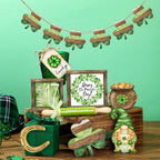 FairySandy St. Patrick's Day Retro Tiered Tray Decor Shamrock Wooden Tier Tray Decor Irish Vintage Green Shamrock Gnome Leprechaun Rustic Farmhouse Wood Sign Tabletop for Saint Patricks Day Decoration
