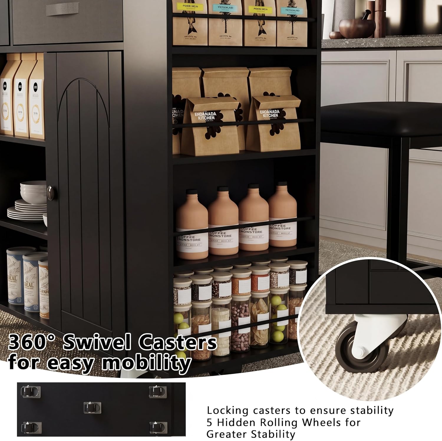 53" Length and 27.5" Width Rolling Kitchen Island with Storage, Portable Kitchen Island with Seating (Set of 2), Drop Leaf and 5 Wheels, Black
