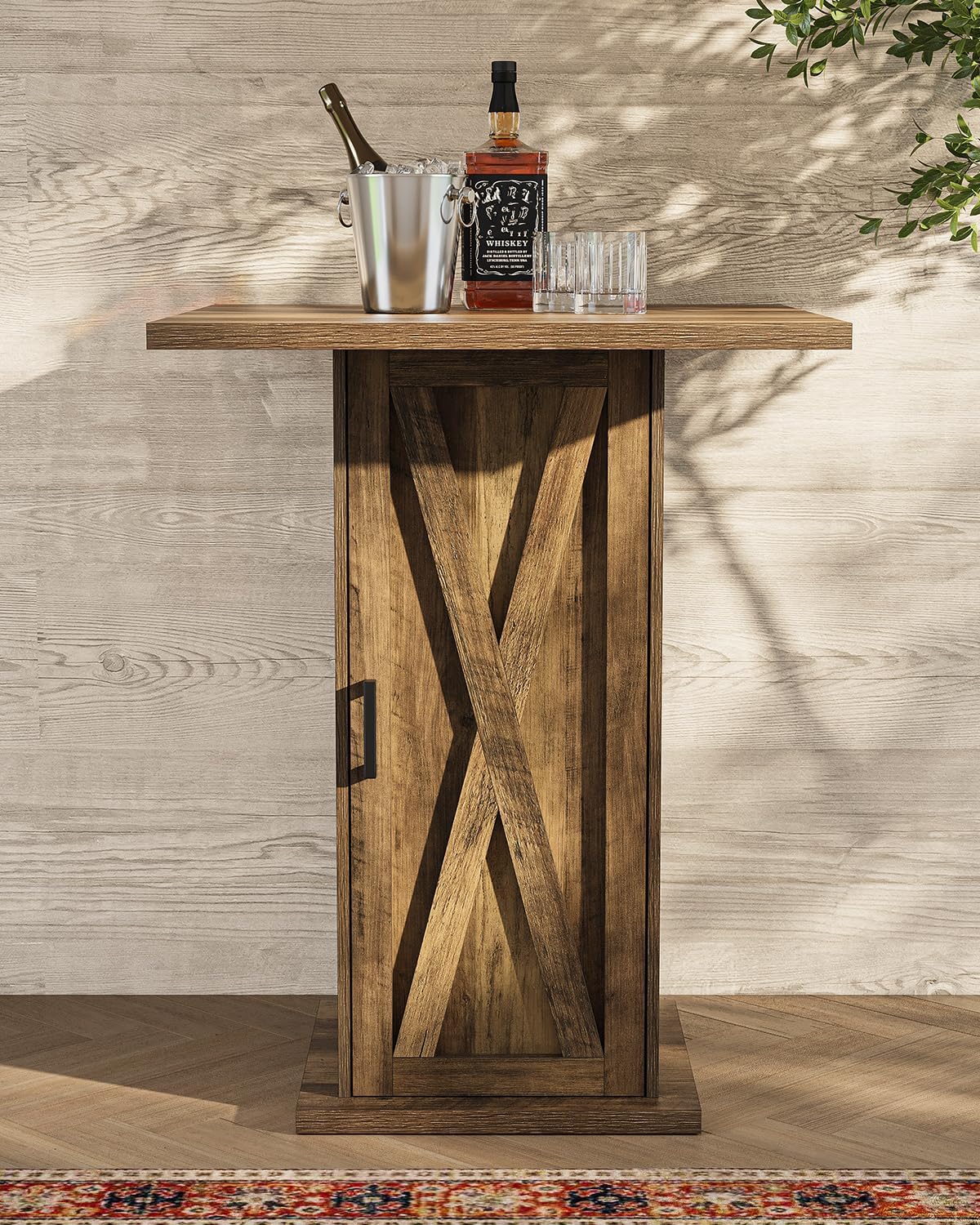 LITTLE TREE Bar Table with Storage Cabinet, 39.4" H Square High Top Pub Table, Wood Bistro Cocktail Table, Farmhouse Design with 3-Tier Cabinet for Pub, Bistro, Bar, Coffee, Dining Rustic Brown