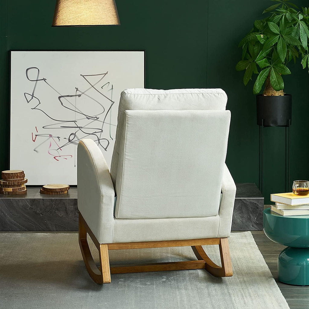 Upholstered Rocking Chair Mid-Century, Modern Nursery Rocking Armchair, Upholstered Tall Back Accent Glider Rocker with 2-Side Pocket for Bedroom Living Room Lounge