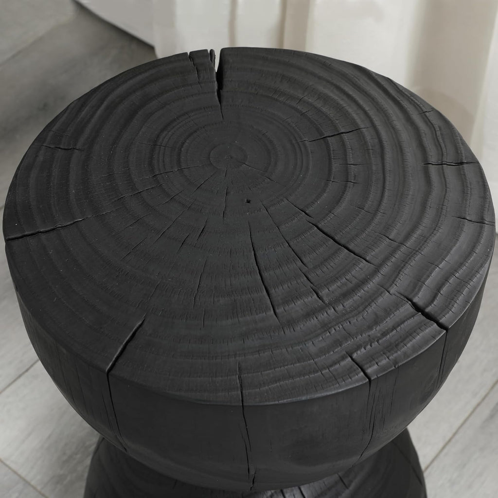 12.2 * 18.11" Solid Mango Wood Round Side Table,Contemporary Wooden Accent Table,Small Circle Plant Stand,Burnt Vintage Cracked End Table for Living Room,Bedroom,Black