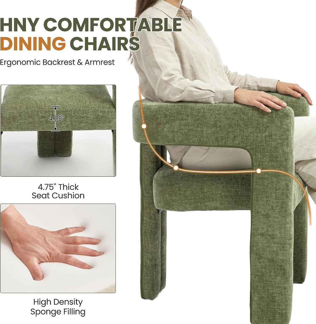 HNY Modern Green Dining Chairs Set of 6, Chenille Upholstered Dining Room Barrel Chairs with Solid Wood Frame, Comfy Accent Kitchen Armchairs with Open Back, Vanity Side Chairs for Living Room Bedroom