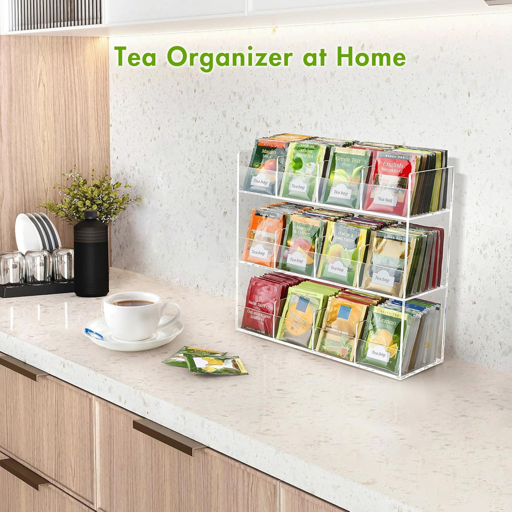 BEYGORM Acrylic Tea Bag Organizer for 216 Tea Packets | No Assembly Required Display Holder for Countertop, Vertical Tea Bag Caddy for Cabinet, Tea bar Accessories, Teabags Storage
