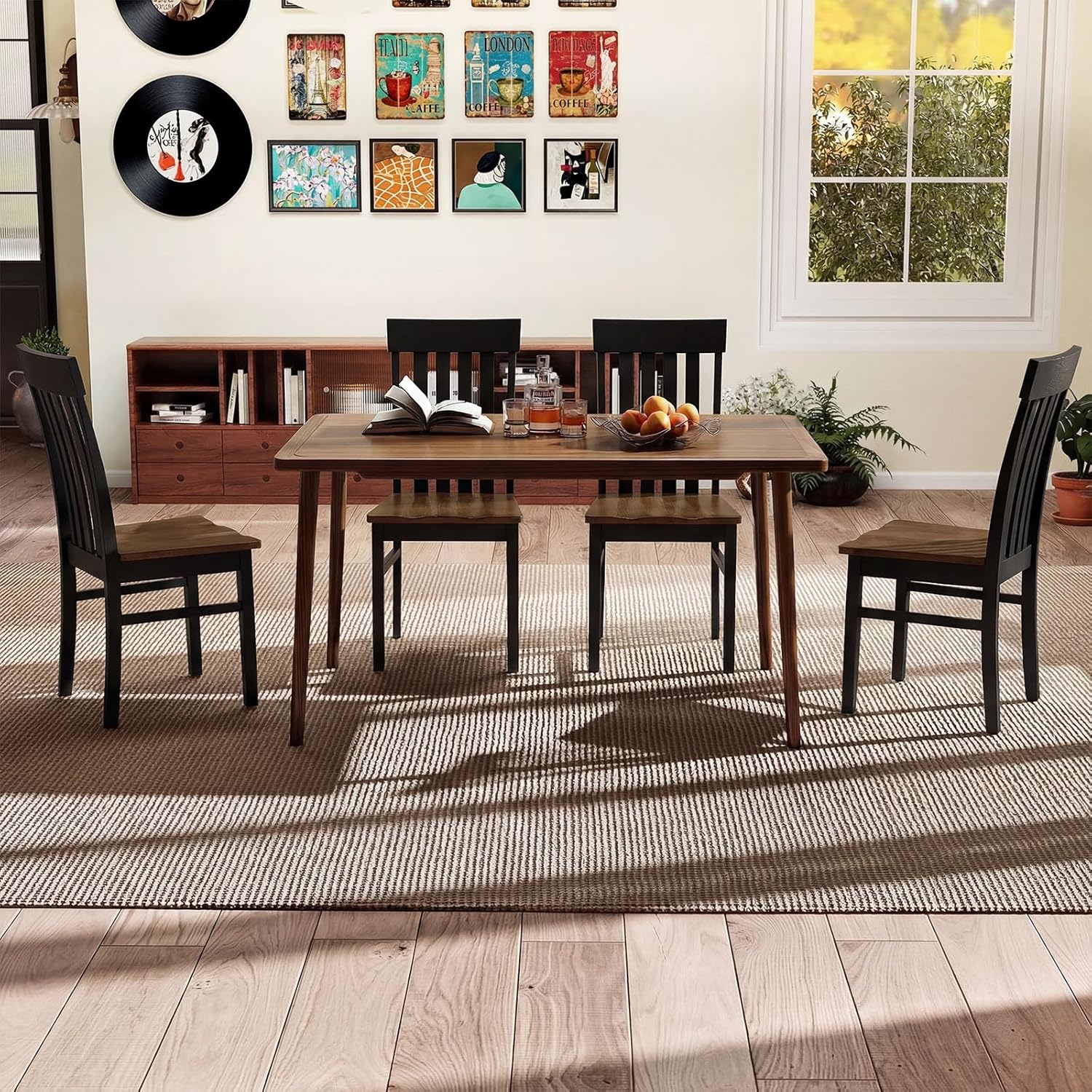 Giantex Wooden Dining Chairs Set of 4, Farmhouse Kitchen Chair with Hollowed Backrests & Rubber Wood Seats, Rustic Wood Side Chairs for Home Living Room Restaurant, Black+Walnut