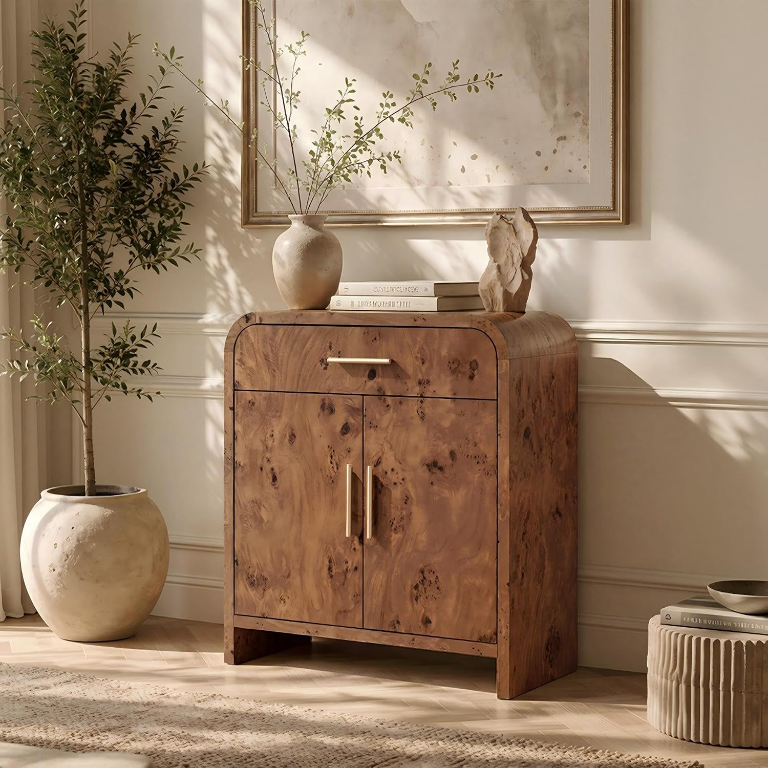 31" Modern Buffet Cabinet with Storage, Curved 2-Door Sideboard with Adjustable Shelves, Accent Storage Cabinet for Kitchen, Credenzas Coffee Buffet Sideboard, Dark Burl