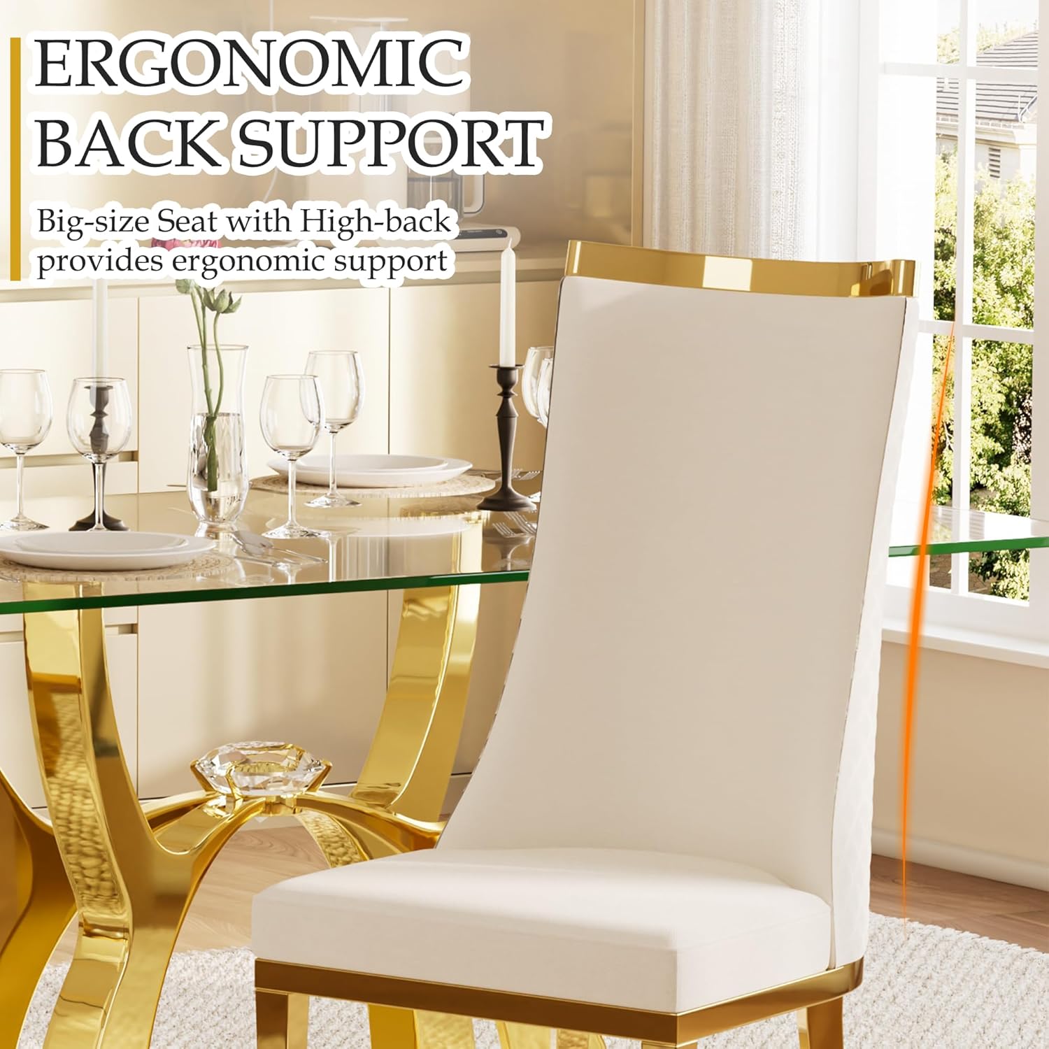 RGZ Modern High Back Upholstered Dining Chairs Set of 8, Beige Velvet Kitchen Side Chairs, Luxury Dining Accent Chairs with Comfy Cushion, Golden Stainless Steel Legs for Dining Room Home(Only Chairs)