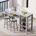 AWQM 3-Piece Bar Table and Chairs Set, Modern Gray Table with 2 PU Cushion Bar Stools, Kitchen Counter with 3 Tier Storage Shelves, Space Saving Table for Home & Kitchen, Black Frame