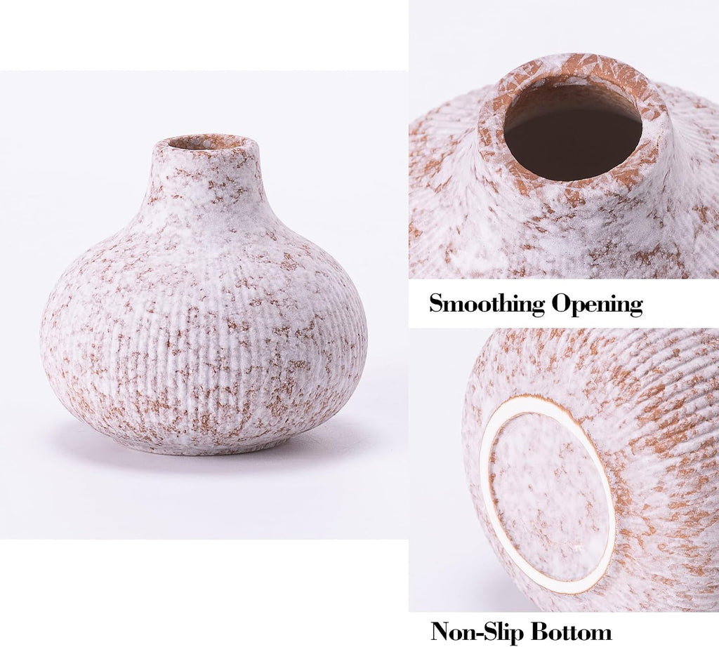 Modern Ceramic Vases Set 3, Stone Style Ribbed Vases Decorative for Table Shelf Decor Bookshelf Decoration