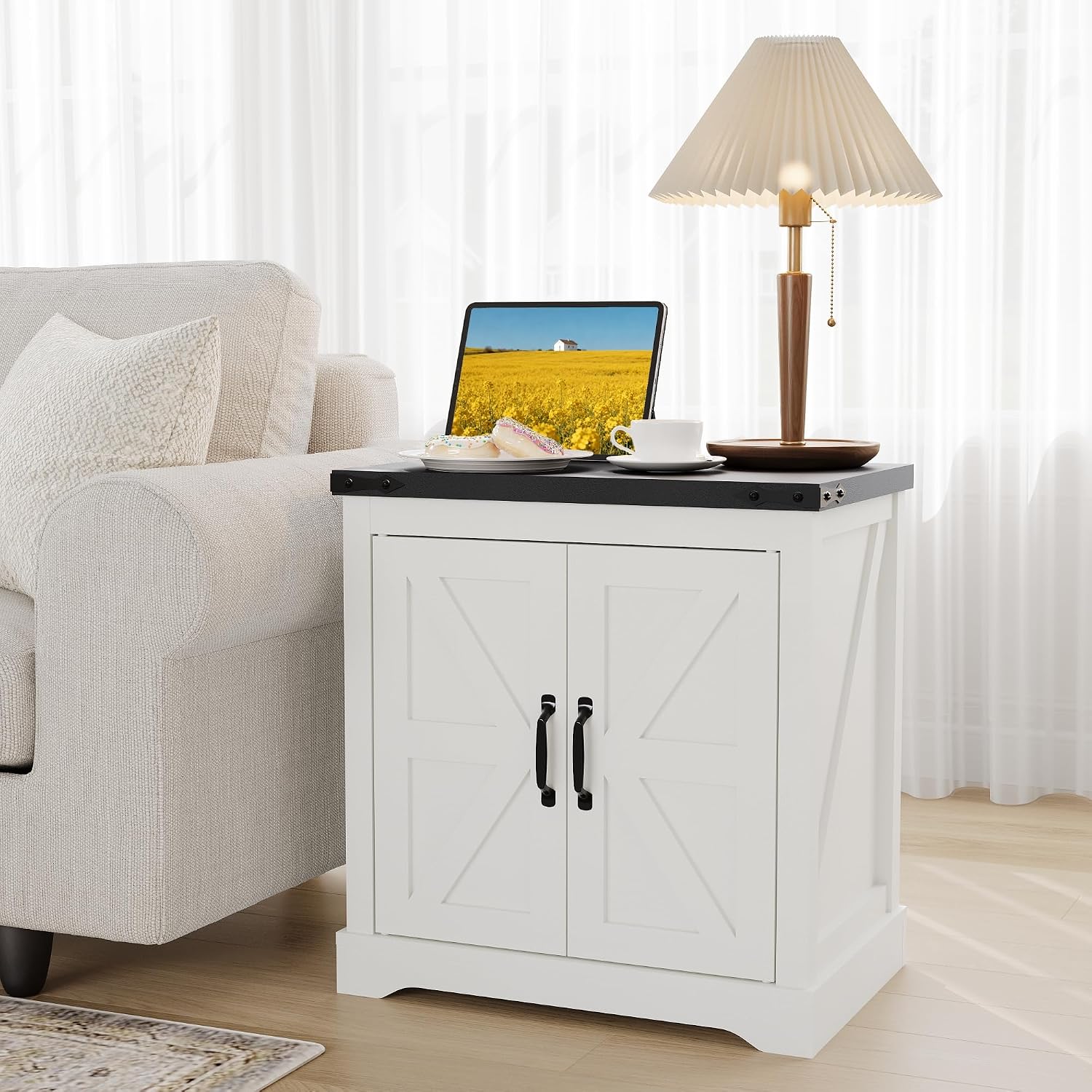 24'' Farmhouse End Table - Side Table with Charging Station | USB & Type-c Ports & Power Outlets |Farmhouse Nightstand with Sliding Barn Door for Bedroom, Living Room, Office