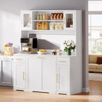 Hutch Cabinet with Storage, 65" Tall Kitchen Pantry with Power Outlet, Double Pull Out Trash Can Cabinet, Kitchen Hutch with Countertop and Drawers, Modern Pantries for Home, White