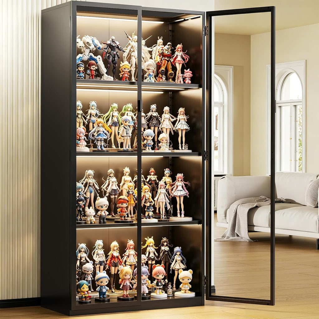 Display Cabinet with Glass Doors, 4-Tier Curio Cabinet with 3 Color Lights,Glass Display Case for Collectibles with Adjustable Shelves-Toys,Books,Figures,Exhibit(63" Black)