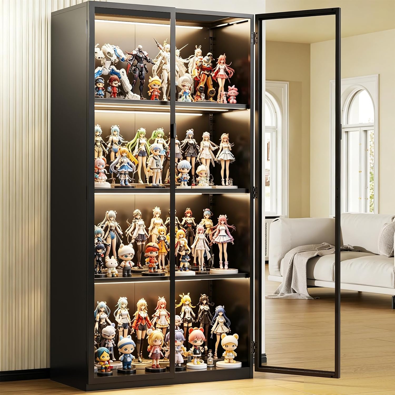 Display Cabinet with Glass Doors, 4-Tier Curio Cabinet with 3 Color Lights,Glass Display Case for Collectibles with Adjustable Shelves-Toys,Books,Figures,Exhibit(63" Black)