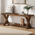 43.3" Solid Wood Bench, Farmhouse Wooden Entryway Bench with Storage Shelf, X-Shaped Leg Design, Entry Way Shoe Benches Seat for Hallway, Kitchen, Bedroom, Living Room