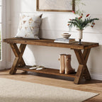 43.3" Solid Wood Bench, Farmhouse Wooden Entryway Bench with Storage Shelf, X-Shaped Leg Design, Entry Way Shoe Benches Seat for Hallway, Kitchen, Bedroom, Living Room