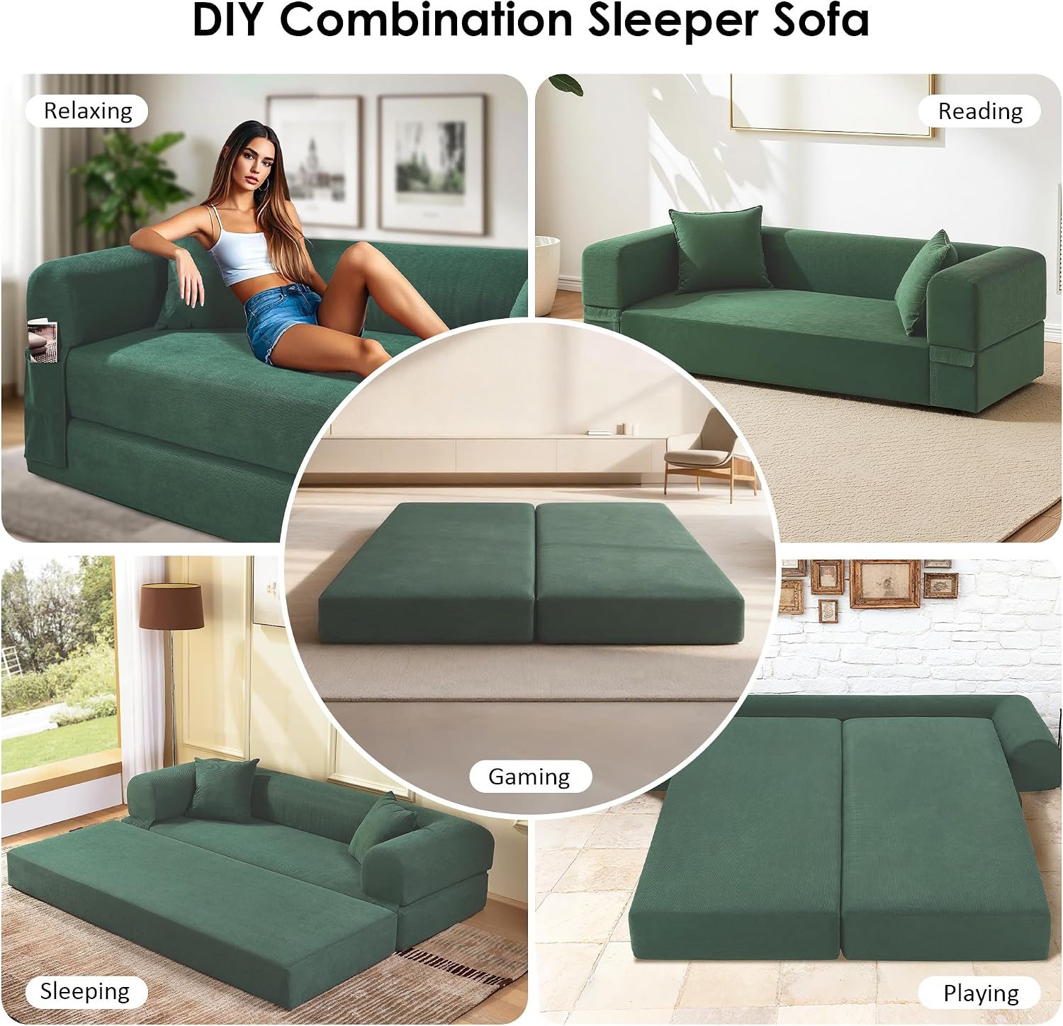 80" Cloud Sleeper Sofa Bed Pull Out Couch, Corduroy Boneless Sofa with Side Storage Pocket, Convertible Compression Sofa with Pillows for Living Room Bedroom, Light Green