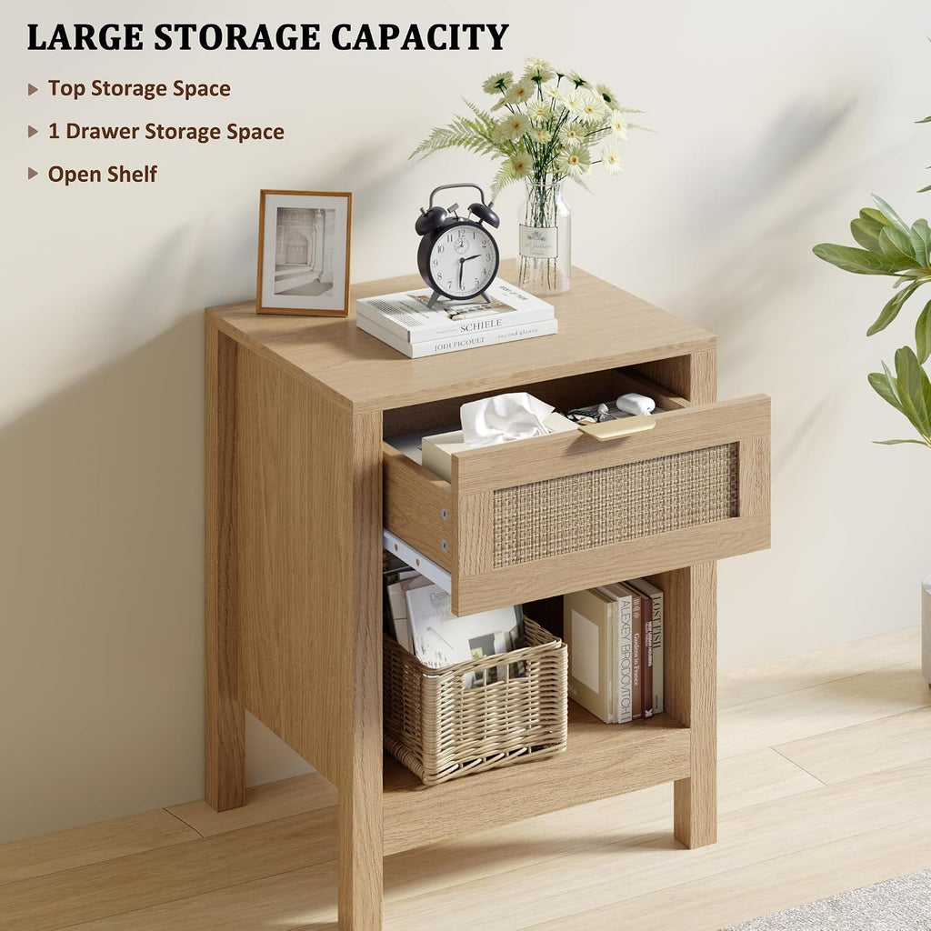 Fluted Farmhouse Nightstands Set of 2, Night Stand with Drawer and Storage Shelf, Teslin Wooden End Table for Living Room, Side Table for Bedroom, Natural Oak
