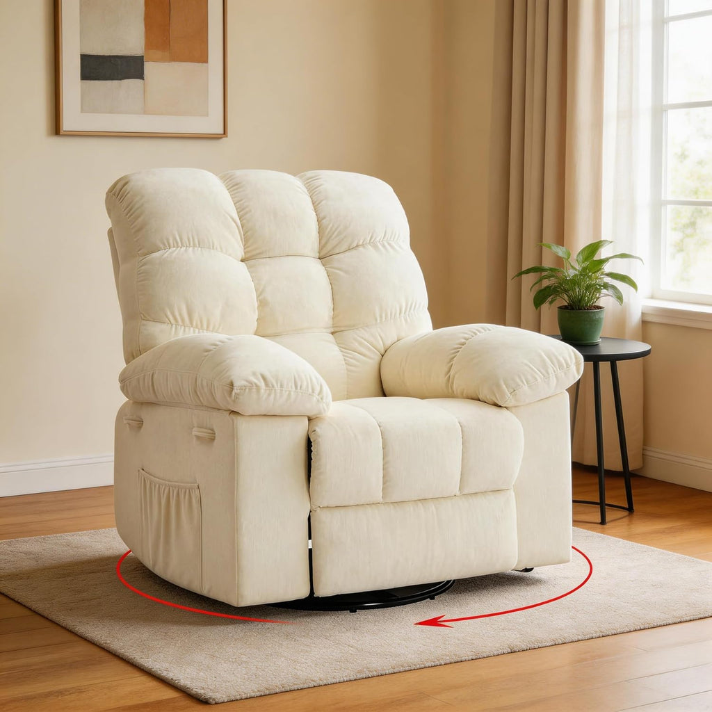 360° Swivel Rocking Recliner Chair, Upholstered Fabric Glider Nursery Chair with Side Pockets, Lazy Boy Single Sofa Recliner with Q235 Steel Frame for Living Room and Small Spaces, Beige