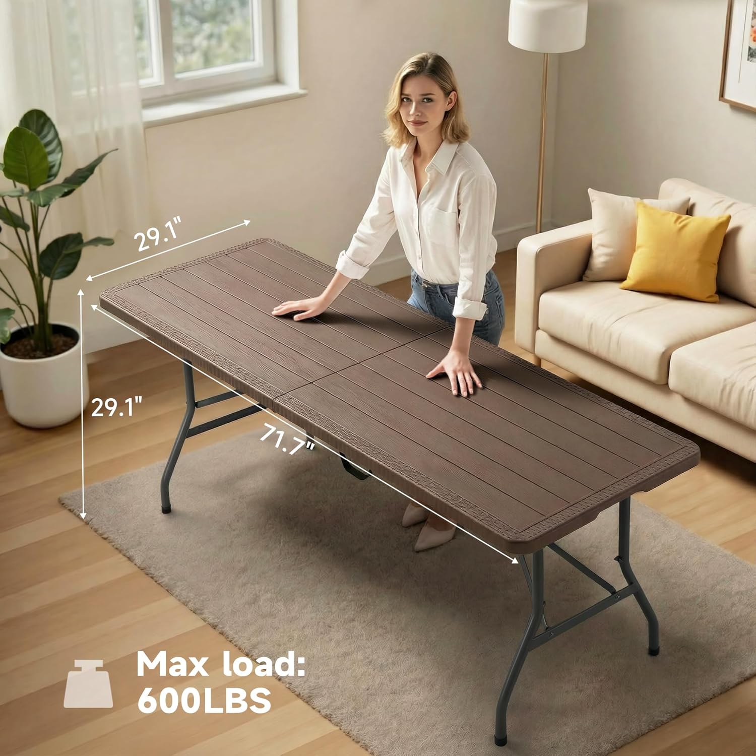 Folding Table 6 Foot, Heavy Duty 600 LBS Capacity, HDPE Wood Grain Pattern, Sturdy Design with Safety Lock, Portable Tables Folding for Camping, Party, Indoor & Outdoor Use, 1 Pack