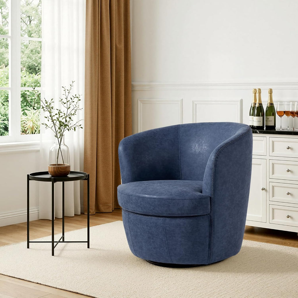 Swivel Accent Chair, Faux Leather Barrel Chair Upholstered Armchair for Living Room, Modern Round Arm Club Chair with Metal Base - Navy Blue, Set of 1