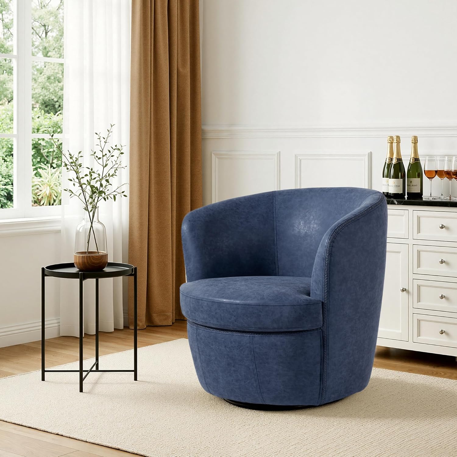 Swivel Accent Chair, Faux Leather Barrel Chair Upholstered Armchair for Living Room, Modern Round Arm Club Chair with Metal Base - Navy Blue, Set of 1