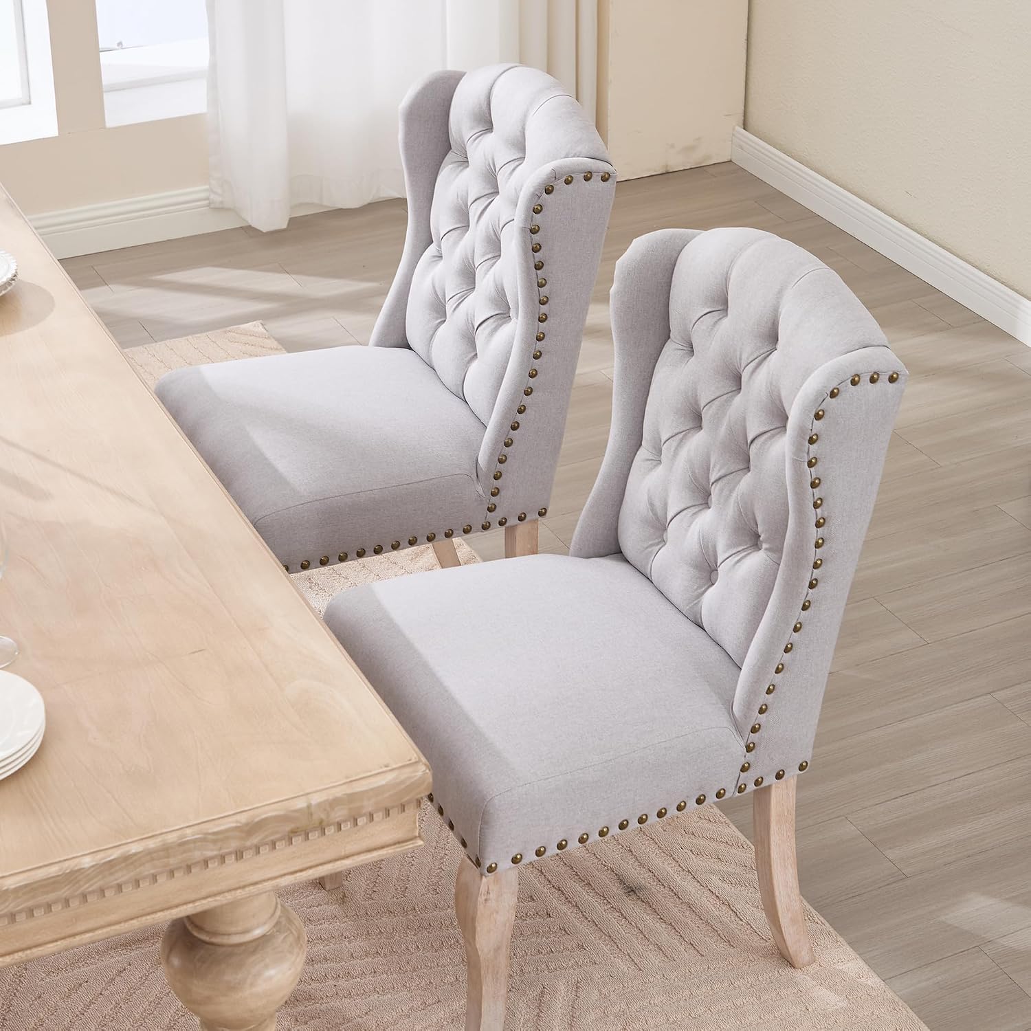 Dining Chairs Set of 2 with Solid Wood Legs, Linen Farmhouse Accent Chairs Side Host Kitchen Chair with Tufted Back for Dining Room/Living Room/Bedroom, Light Grey
