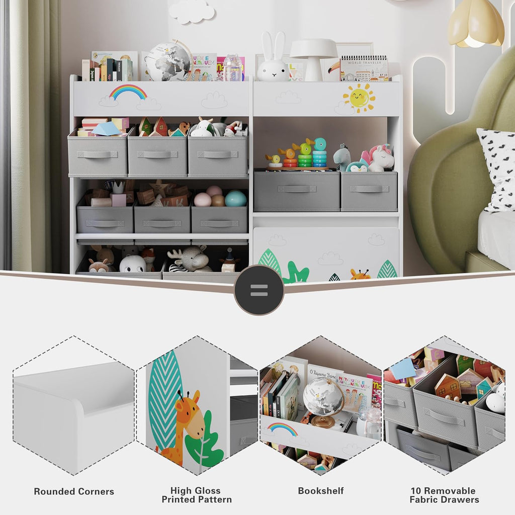 BOTLOG Kids Bookshelf with Fabric Bins and Movable Toy Chest, Toy Storage Organizer for Kids, Toddler Montessori Bookshelf for Nursery, Playroom, Kindergarten