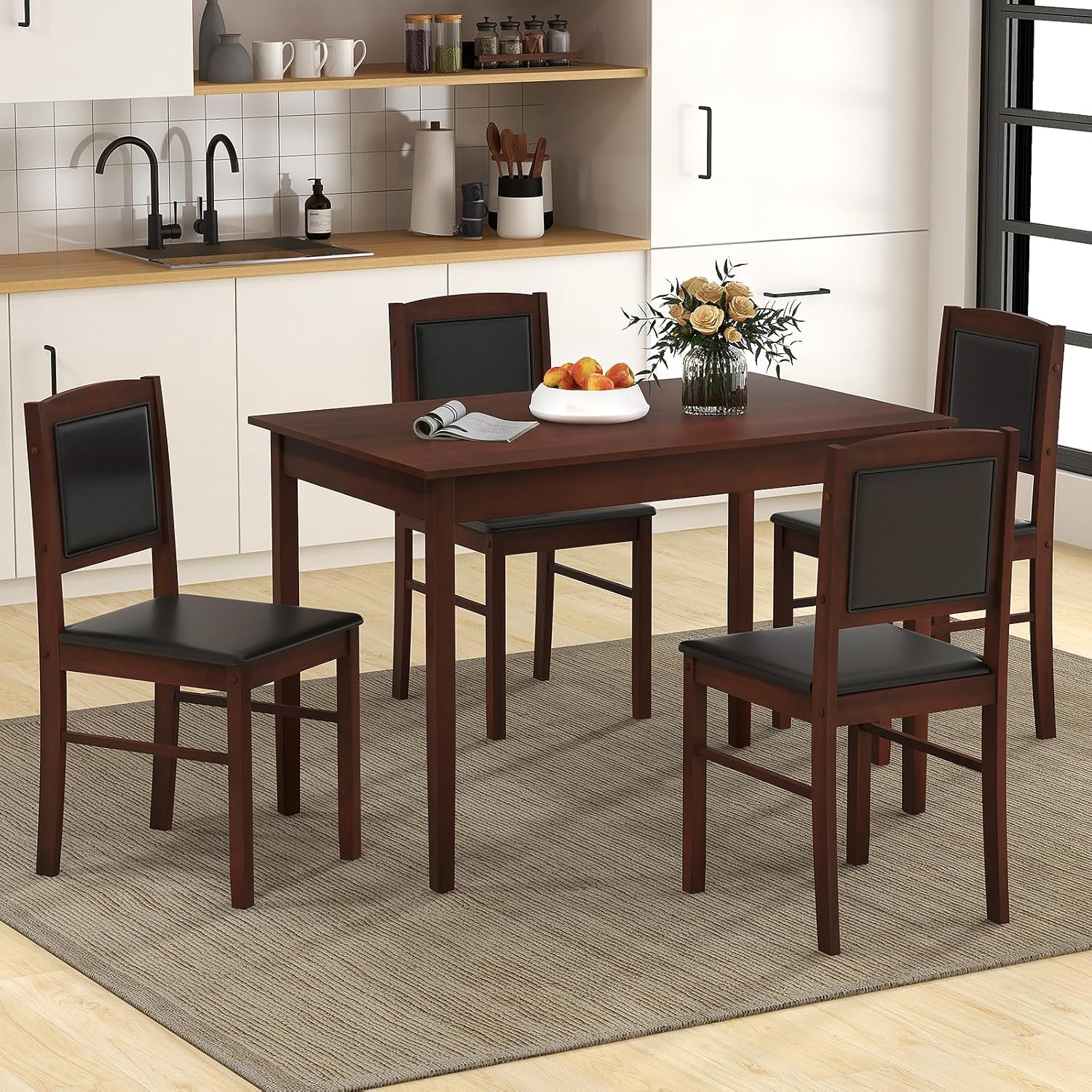 NAFORT 5 Piece Dining Table Set for 4, Farmhouse Solid Wood Kitchen Table Chairs Set of 4, Mid-Century Modern Dinette Set w/Upholstered Dining Chairs, 4 Seat Dining Room Table for Kitchen,Office