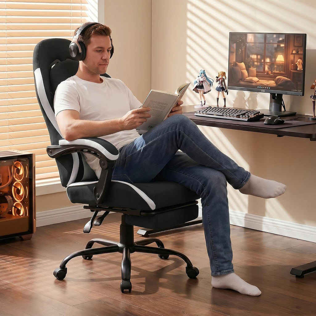Shintenchi Gaming Chair, Ergonomic Office Chair with Footrest, Lumbar Support and Linkage Armrests, Swive Home Video Game Chairs for Adults, Black