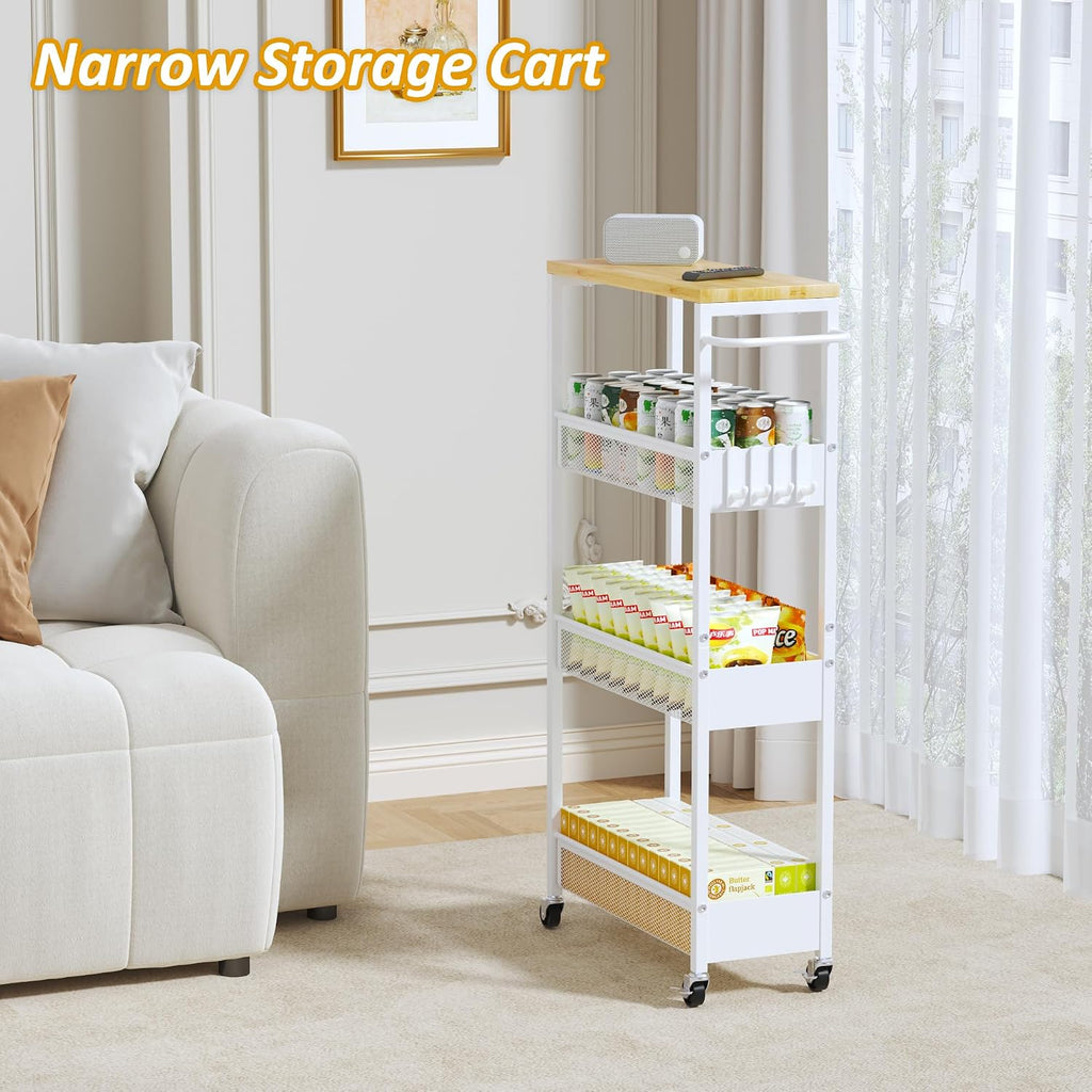 Vincona 7.1" Wide Slim Storage Cart on Wheels, 4 Tier Metal Narrow Rolling Cart with Handle and Wood Top, Multifunctional Small Mobile Shelf Unit Organizer Trolley for Laundry, Bathroom, Kitchen