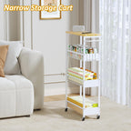 Vincona 7.1" Wide Slim Storage Cart on Wheels, 4 Tier Metal Narrow Rolling Cart with Handle and Wood Top, Multifunctional Small Mobile Shelf Unit Organizer Trolley for Laundry, Bathroom, Kitchen