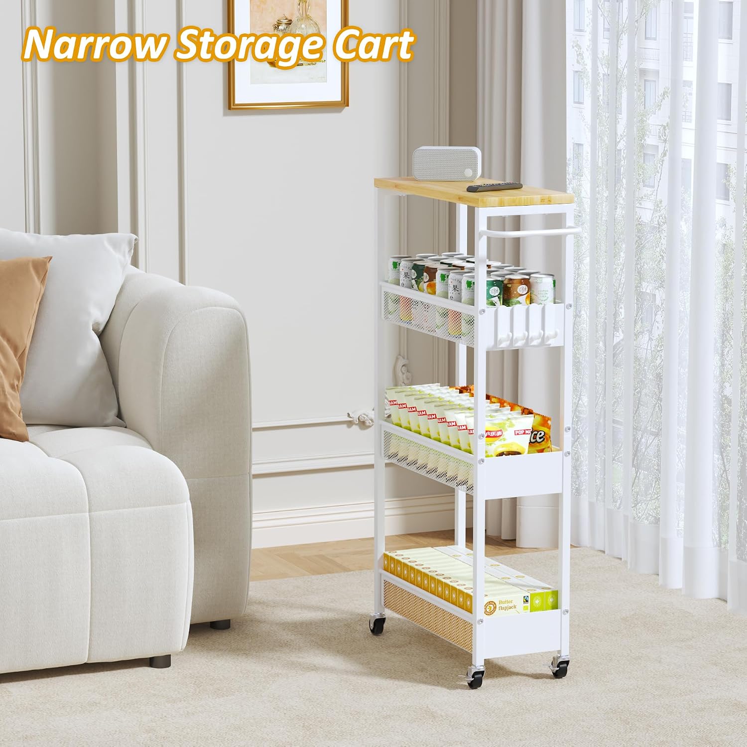 Vincona 7.1" Wide Slim Storage Cart on Wheels, 4 Tier Metal Narrow Rolling Cart with Handle and Wood Top, Multifunctional Small Mobile Shelf Unit Organizer Trolley for Laundry, Bathroom, Kitchen